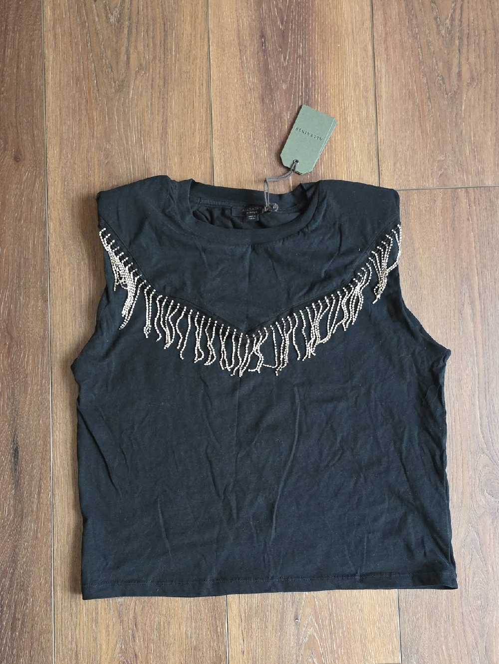 AllSaints Black Tank Top with Fringe XS